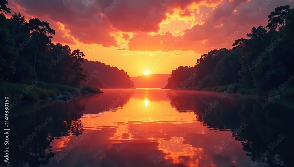 Sunset reflected in calm river water with a bonfire, serene, reflection, firelight Sunset reflected in calm river water with a bonfire, serene, reflection, firelight