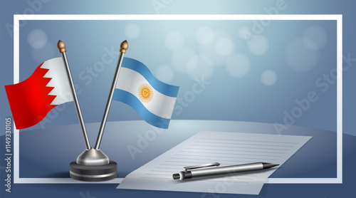 Bahrain and Argentina National flags on small table with bokeh background, cooperative relationship
