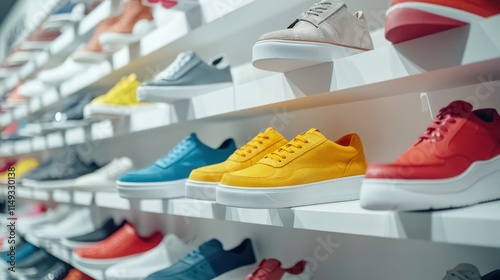 Close-up of different shoes arranged in a shoe shop setting on a white background.