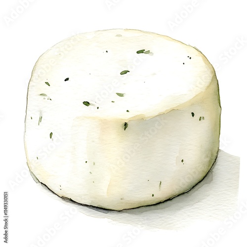 Watercolor Painting of a Round Wheel of Creamy White Cheese with Speckles of Herbs.