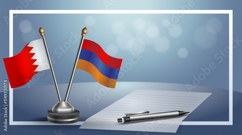 Bahrain and Armenia National flags on small table with bokeh background, cooperative relationship
