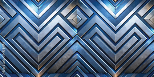 A striking geometric pattern in blue and silver, featuring layered chevrons that create a dynamic visual effect.