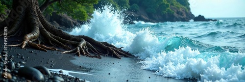Teal and blue sapphire ocean waves crash onto a dark shoreline with twisted tree roots, teal sapphire ocean waves, crashing on rocks, coastal scenery