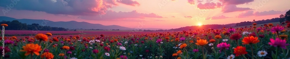 Obraz premium Twilight sky with a sea of vibrant wildflowers stretching towards the horizon, landscape, soft colors, wildflowers
