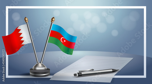 Bahrain and Azerbaijan National flags on small table with bokeh background, cooperative relationship