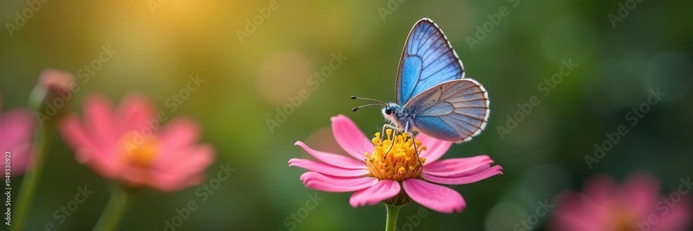 A single blue butterfly sipping nectar from a flower, outdoor, butterfly, petals A single blue butterfly sipping nectar from a flower, outdoor, butterfly, petals