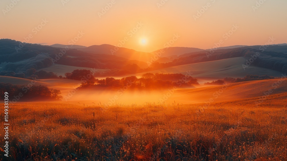 Obraz premium Serene Sunrise Over Misty Fields with Rolling Hills and Golden Light