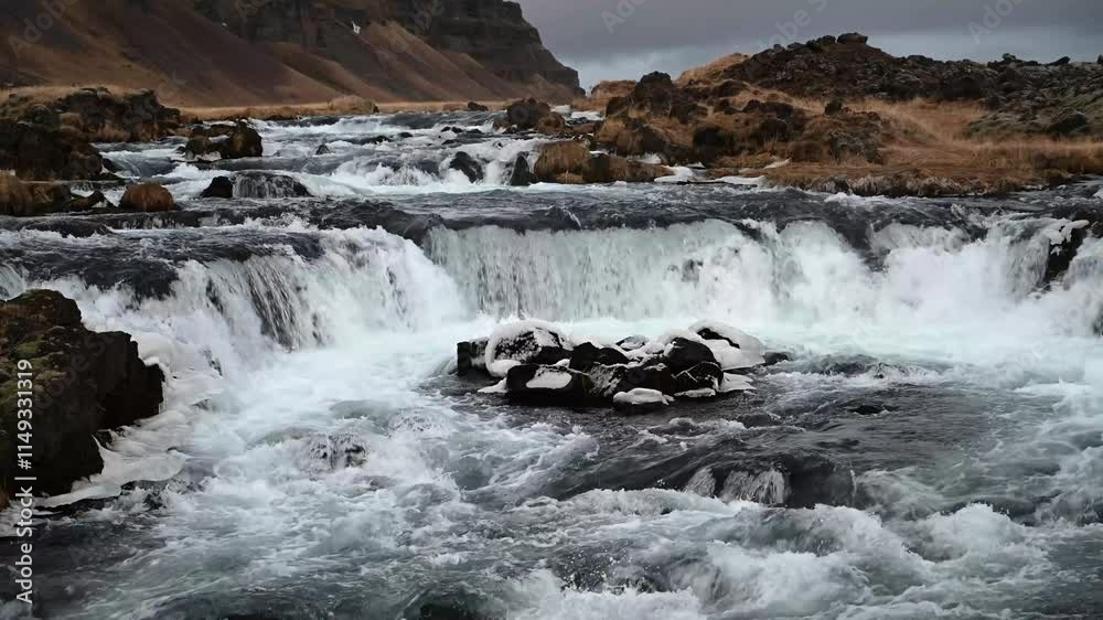 Panoramic view of the cliff and flowing rushing water on the river in Kirkjubæjarklaustur, Iceland Panoramic view of the cliff and flowing rushing water on the river in Kirkjubæjarklaustur, Iceland