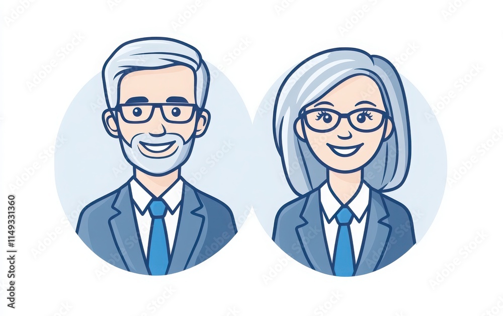 A set of simple line art icons depicting a man and a woman in suits with blue ties and gray hair, both smiling and wearing glasses. A set of simple line art icons depicting a man and a woman in suits with blue ties and gray hair, both smiling and wearing glasses.