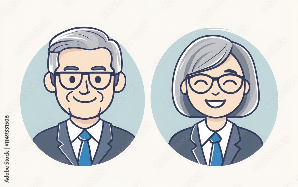 A set of simple line art icons featuring a man and a woman in suits with blue ties and gray hair, both smiling and wearing glasses. A set of simple line art icons featuring a man and a woman in suits with blue ties and gray hair, both smiling and wearing glasses.