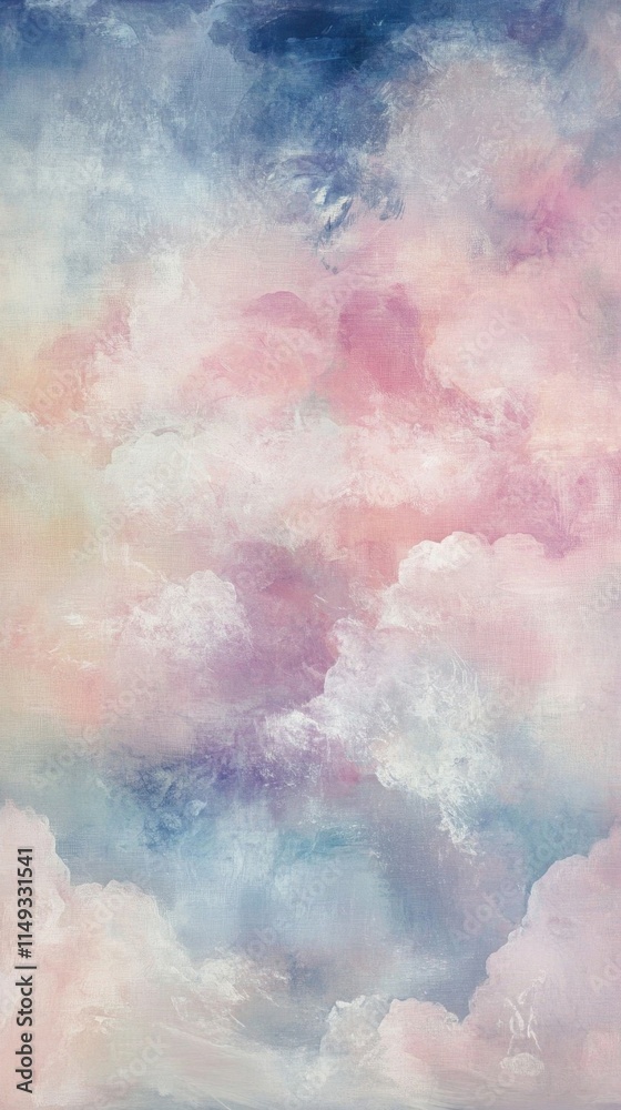 Fototapeta premium A painting of a cloudy sky with a pinkish hue. The sky is filled with clouds of various sizes and shapes, creating a sense of depth and movement. The colors are soft and muted