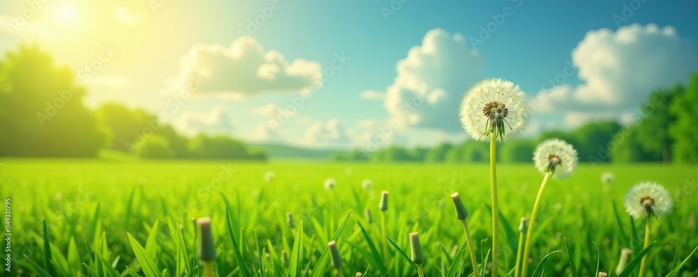 Dandelions swaying gently in the breeze on a sunny green field, wind, gentle, atmospheric Dandelions swaying gently in the breeze on a sunny green field, wind, gentle, atmospheric
