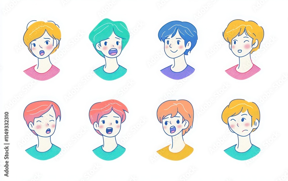 Set of colorful icons with simple line art, showcasing a short-haired woman in her thirties expressing various emotions like happiness, sadness, anger, and surprise. Set of colorful icons with simple line art, showcasing a short-haired woman in her thirties expressing various emotions like happiness, sadness, anger, and surprise.