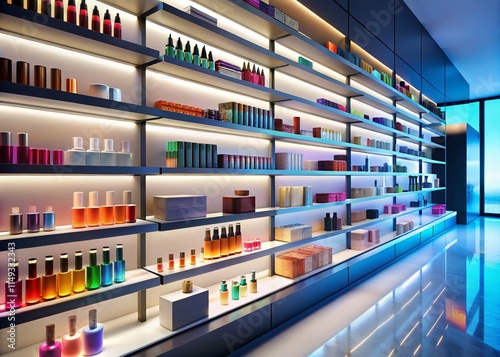 Modern Minimalist Beauty Shop Shelves Displaying Skincare & Cosmetics Products