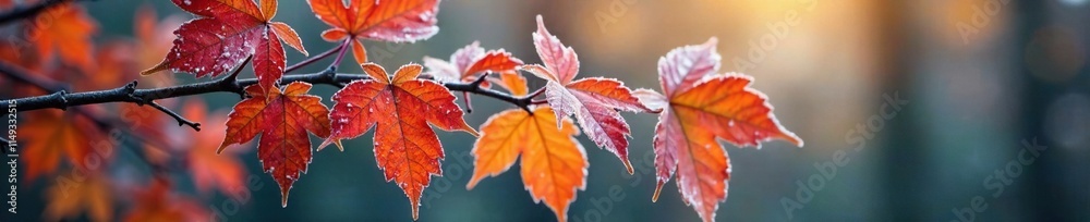 Frosted leaves cling to tree branches in shades of orange and red during autumn, climate, leaf Frosted leaves cling to tree branches in shades of orange and red during autumn, climate, leaf