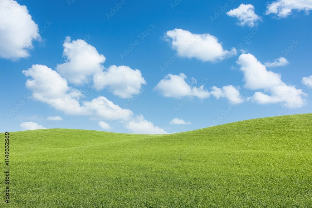 Vast grassy field stretches under bright blue sky dotted with fluffy white clouds. Gentle hills roll across landscape. Serene, tranquil natural scene. Perfect for rural countryside beauty. Rich Vast grassy field stretches under bright blue sky dotted with fluffy white clouds. Gentle hills roll across landscape. Serene, tranquil natural scene. Perfect for rural countryside beauty. Rich