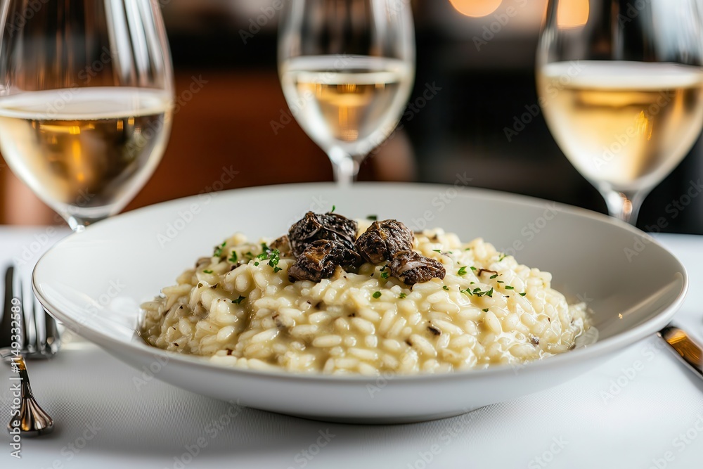 White truffles and wine define luxury tasting. Delicious risotto served with elegant wine glasses. White truffles and wine define luxury tasting. Delicious risotto served with elegant wine glasses.