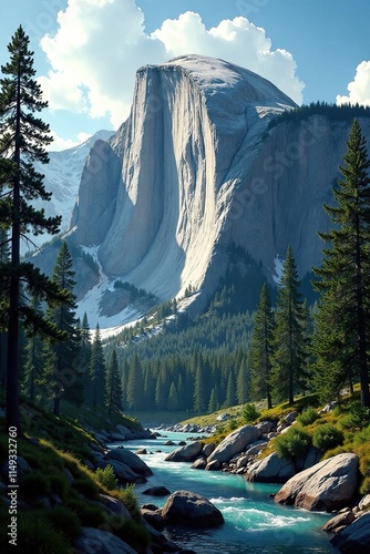 Gigantic granite monolith with coniferous trees surrounding it, rock, stone photo