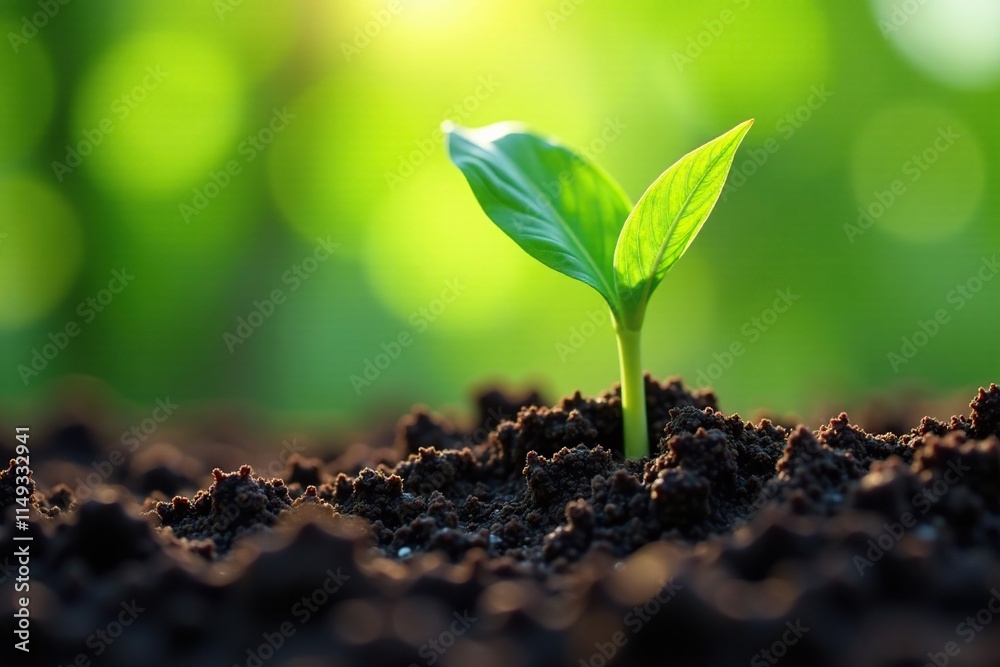Fototapeta premium Green shoot of corn sprouting from damp earth, plant growth, water, roots
