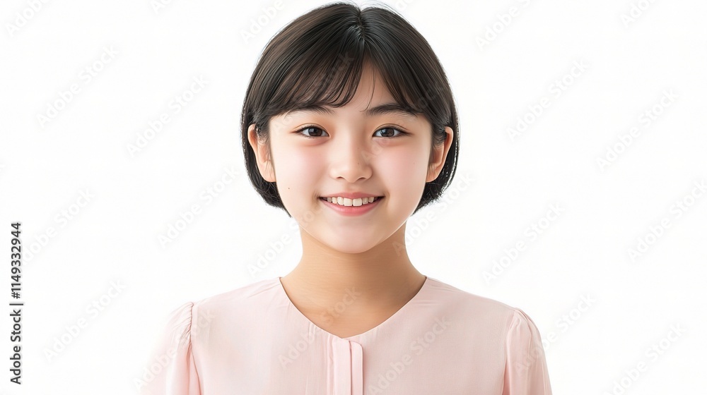 Young Girl Smiling with Short Hair in Pink Blouse on White Background Young Girl Smiling with Short Hair in Pink Blouse on White Background
