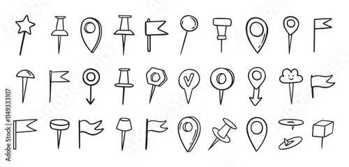 Pins hand drawn doodle set. Pin line drawing style for planner or map. Pins variable icons