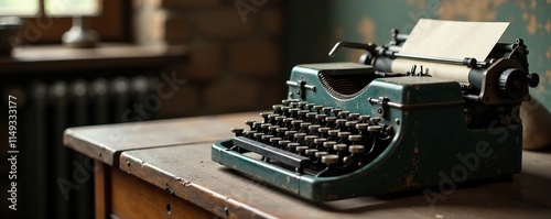 Old antique typewriter on a dusty wooden desk, machinery, desk, old photo