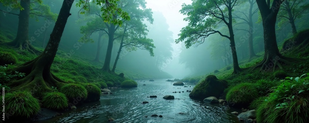 Obraz premium Misty forest atmosphere with a river flowing through, fog, Taiwan