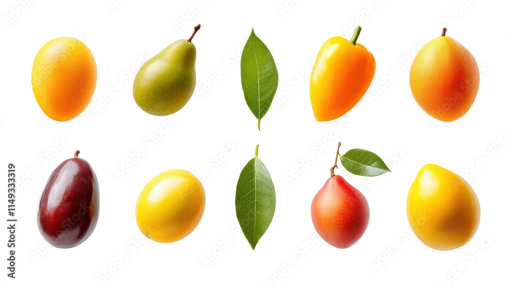 A collection of fruit with a leaf in the middle on transparent background A collection of fruit with a leaf in the middle on transparent background