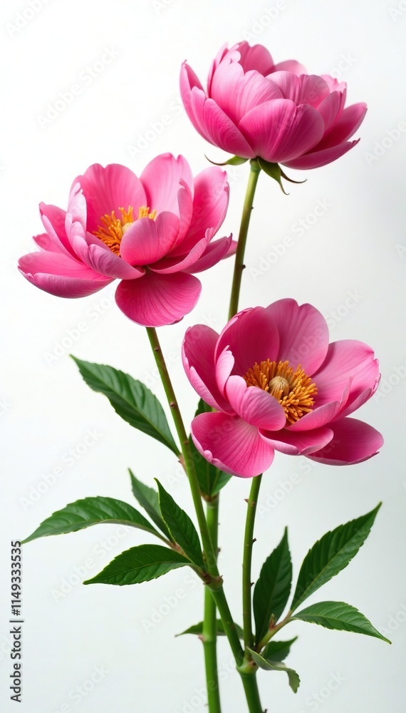 Obraz premium Peony flowers in full bloom on a white background with slight warmth, blossom, garden, flowers