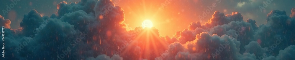 Rain-soaked clouds with a radiant sun shining through the veil, warm, soft Rain-soaked clouds with a radiant sun shining through the veil, warm, soft