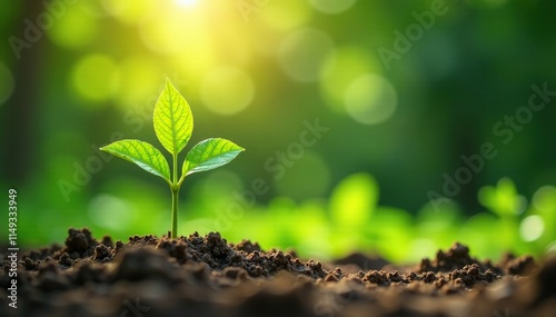 Sapling growing on the ground in a sunny spot with sunlight filtering through its leaves, simple, rustic photo