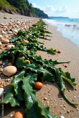 Seaweed tangled with shells and pebbles on the shoreline after storm, natural formations, marine life, seashore cleanup photo