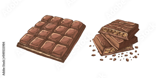 Hand-drawn chocolate bar colored illustrations in vintage sketch style