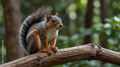 Grey and red squirrel perched on a tree branch in a forest.