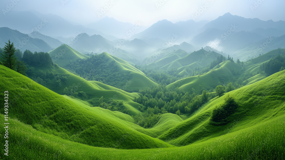 Fototapeta premium A lush green valley with trees and mountains