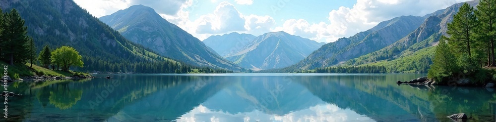 Soft blue cloudy sky reflection in the still lake water of the Colorado Rocky mountains, tranquility, forest Soft blue cloudy sky reflection in the still lake water of the Colorado Rocky mountains, tranquility, forest