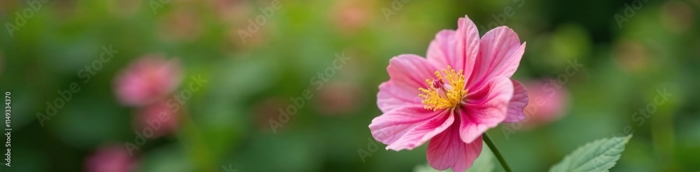 Soft focus image of a mallow flower against a blurred background, outdoor, nature, foliage Soft focus image of a mallow flower against a blurred background, outdoor, nature, foliage