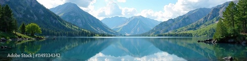 Soft blue cloudy sky reflection in the still lake water of the Colorado Rocky mountains, tranquility, forest