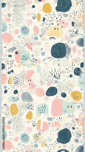 A colorful abstract pattern with many different shapes and sizes. The colors are bright and the design is playful