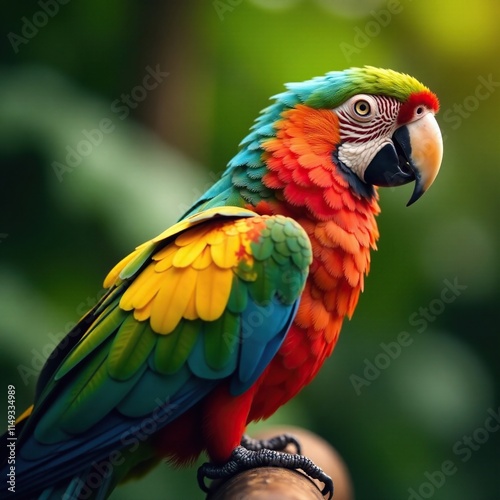 Tropical parrot sporting shades with colorful feathers and a tropical background, earthy, feathers