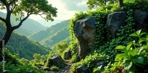 Vines and creepers covering a rock outcropping, savannah landscape, greenery, forest like terrain