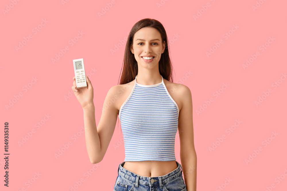 Young woman with air conditioner remote control on pink background Young woman with air conditioner remote control on pink background