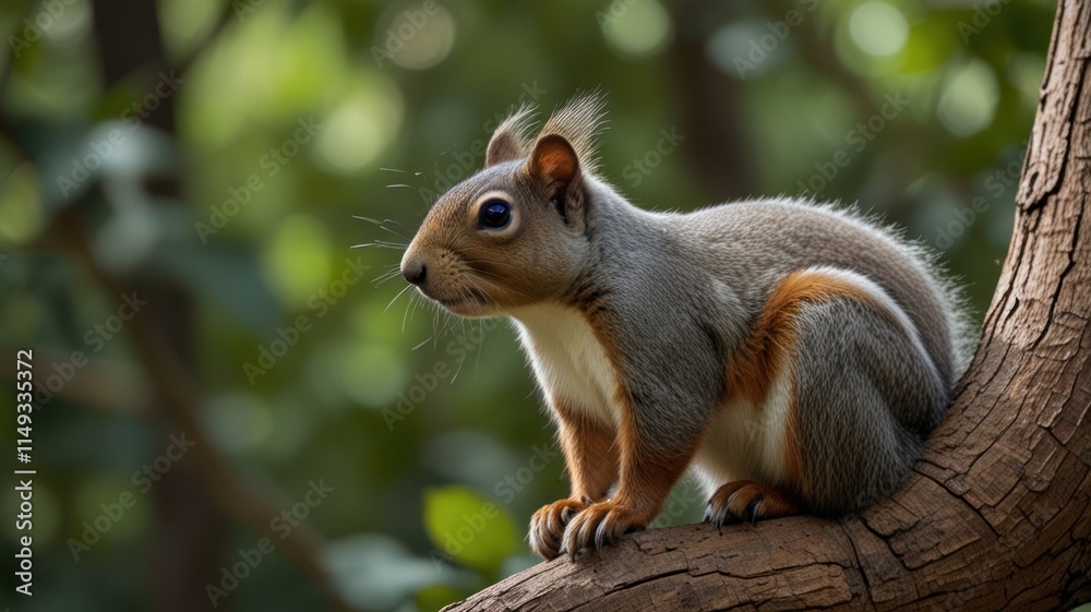 Obraz premium A grey and orange squirrel perched on a tree branch.