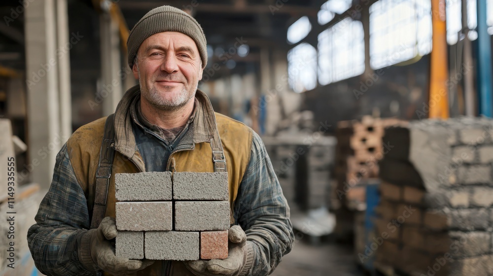 Mature workman holding brick in factory, portrait Mature workman holding brick in factory, portrait