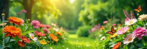 A serene and idyllic scene of a sunny garden with multiple types of blooming flowers and lush greenery, including a few butterflies flitting about, garden, sunny garden photo