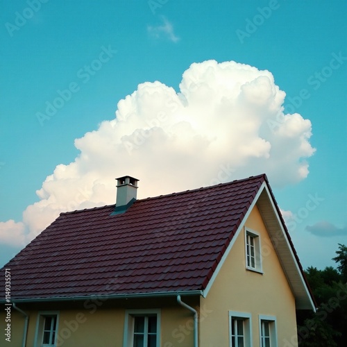 A soft, white cloud forms at the peak of a house's roofline, weather phenomena, serene atmosphere, natural scenery photo