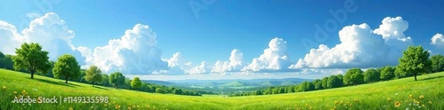 A serene summer landscape with cumulus clouds in the background and a clear blue sky ahead with trees and hills, serene, clouds