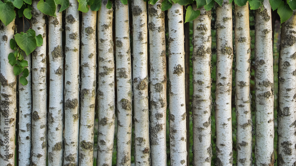 Natural Birch Tree Fence with Rustic Bark Patterns and Fresh Green Leaves Natural Birch Tree Fence with Rustic Bark Patterns and Fresh Green Leaves