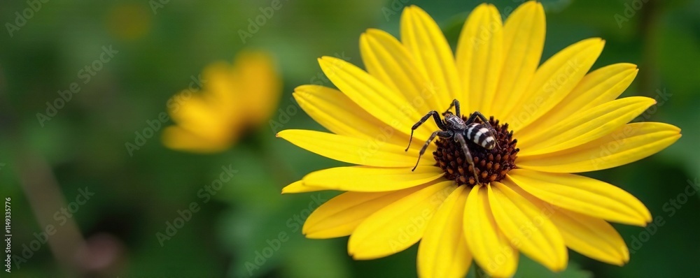 Fototapeta premium A spider sits in the center of a large yellow Rudbeckia hirta with dark centers and delicate petals, nature, hirta, flower