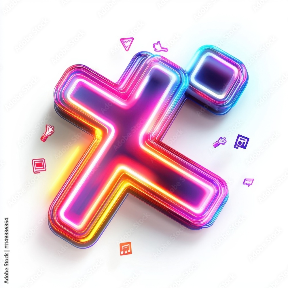 Obraz premium The image is a neon cross with a colorful background. The cross is surrounded by various icons and symbols, including a heart, a music note, and a camera. Scene is energetic and playful